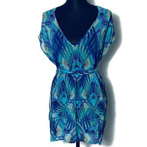 Flounce TBD Geometric Sheer Tunic Peacock Silk Blu